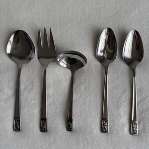 Vintage International Deluxe 5 Pc. Serving Utensil Set Rose Pattern Spoons Fork